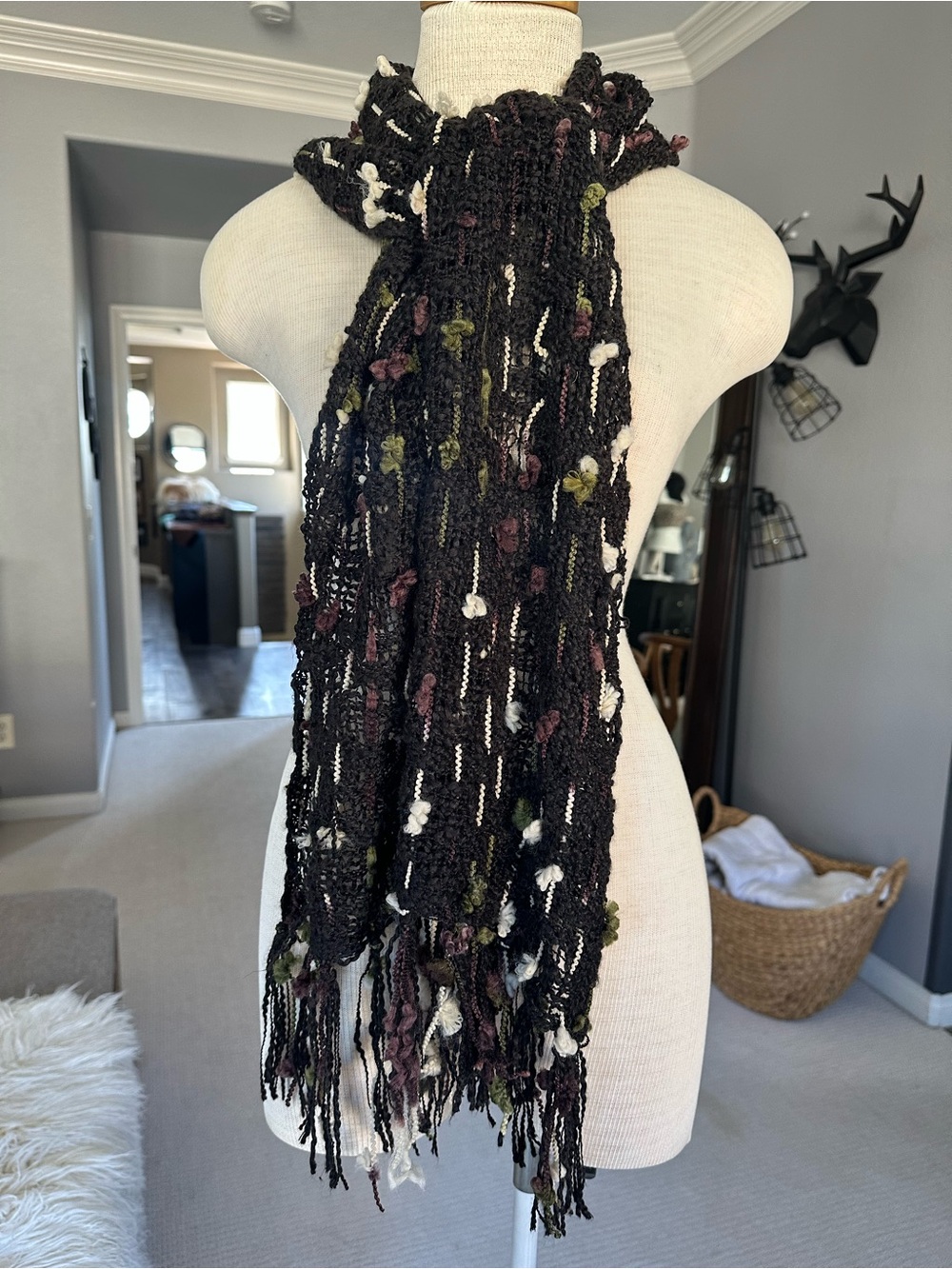 Black Textured Fringe Scarf with Multicolor Flower Accents - Picture 4 of 10